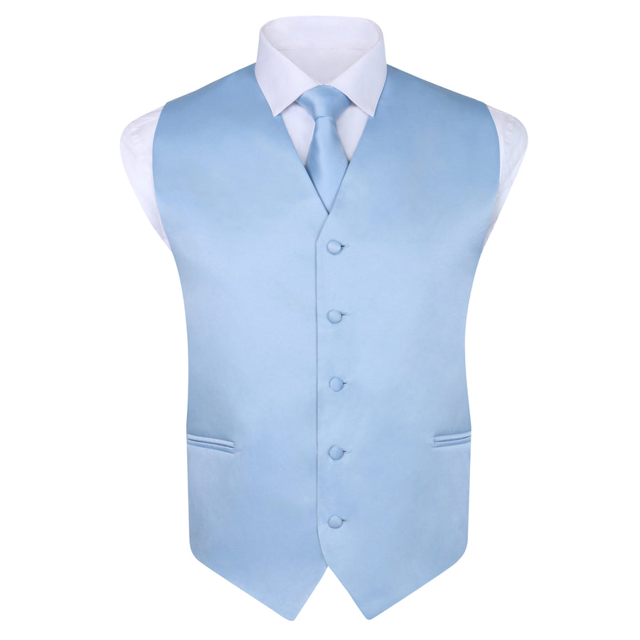 Men's Light Blue 4 Piece Vest Set, with Bow Tie, Neck Tie & Pocket Hankie