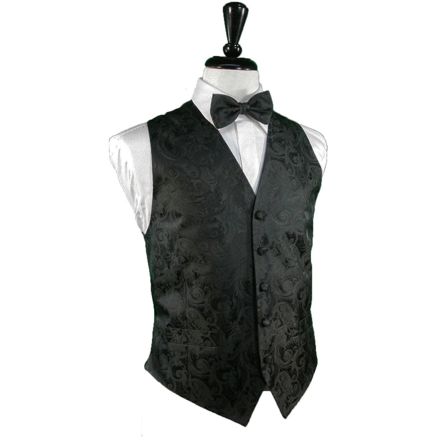 Dress Form Displaying A Silk Black Tapestry Mens Wedding Vest With Tie