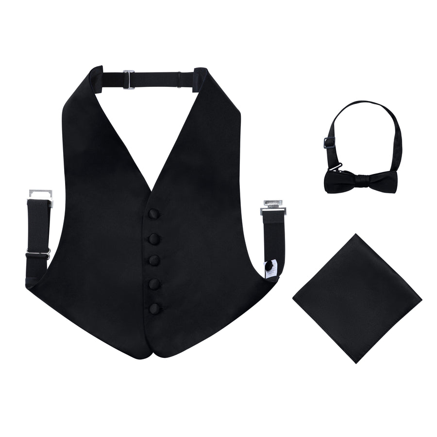 Boys 3 Piece Backless Formal Vest Set - Includes Vest, Bow Tie, Pocket Square for Tuxedo or Suit - Black