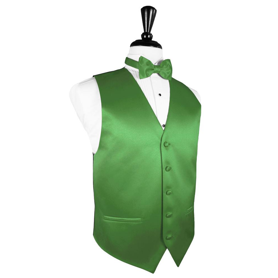Dress Form Displaying a Kelly Green Solid Satin Mens Wedding Vest and Tie
