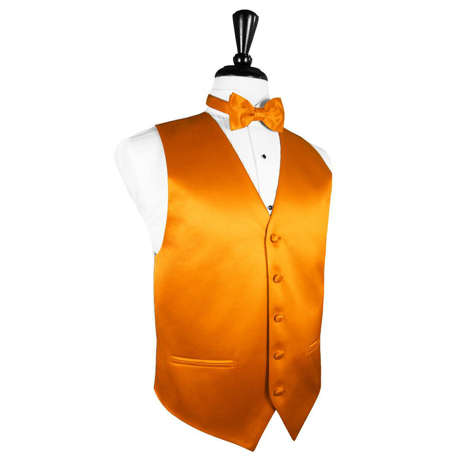 Dress Form Displaying a Mandarin Solid Satin Mens Wedding Vest and Tie