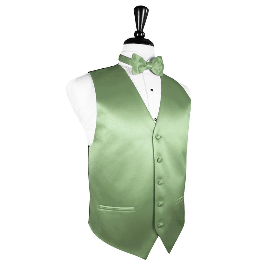 Dress Form Displaying a Sage Green Solid Satin Mens Wedding Vest and Tie