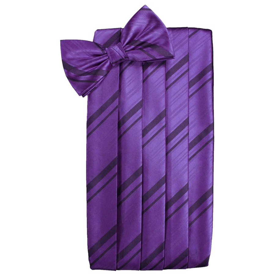 Mens Purple Striped Satin Bow Tie and Cummerbund Set
