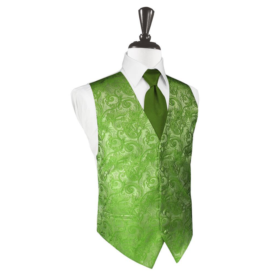 Dress Form Displaying A Clover Green Tapestry Mens Wedding Vest With Tie
