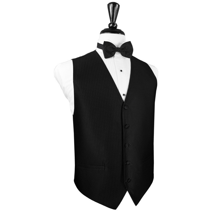 Dress Form Displaying A Black Venetian Full Back Mens Wedding Vest by Cristoforo Cardi