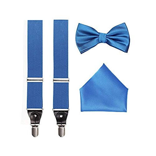 Men's 3 Piece Suspender Set - Includes Suspenders, Matching Bow Tie, Pocket Hanky and Gift Box - Royal Blue