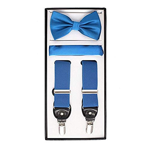 Men's 3 Piece Suspender Set - Includes Suspenders, Matching Bow Tie, Pocket Hanky and Gift Box - Royal Blue