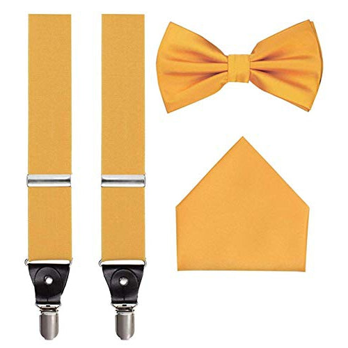 Men's 3 Piece Suspender Set - Includes Suspenders, Matching Bow Tie, Pocket Hanky and Gift Box - Sunflower Yellow