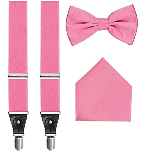 Men's 3 Piece Suspender Set - Includes Suspenders, Matching Bow Tie, Pocket Hanky and Gift Box - Pink