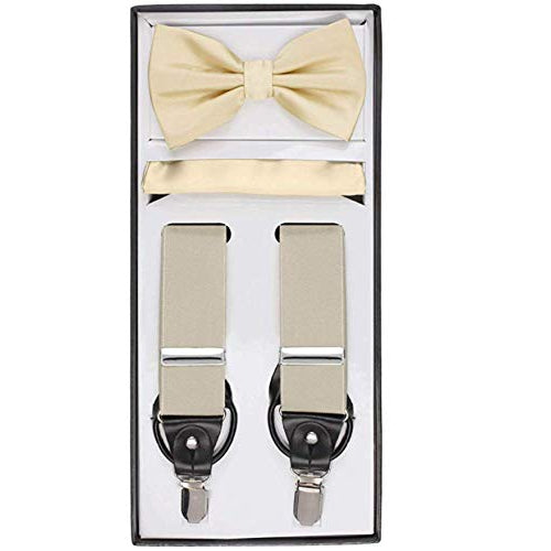 Men's 3 Piece Suspender Set - Includes Suspenders, Matching Bow Tie, Pocket Hanky and Gift Box - Cream