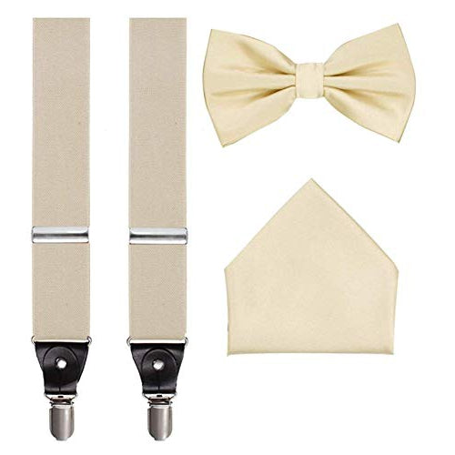 Men's 3 Piece Suspender Set - Includes Suspenders, Matching Bow Tie, Pocket Hanky and Gift Box - Cream