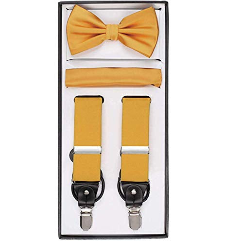 Men's 3 Piece Suspender Set - Includes Suspenders, Matching Bow Tie, Pocket Hanky and Gift Box - Sunflower Yellow