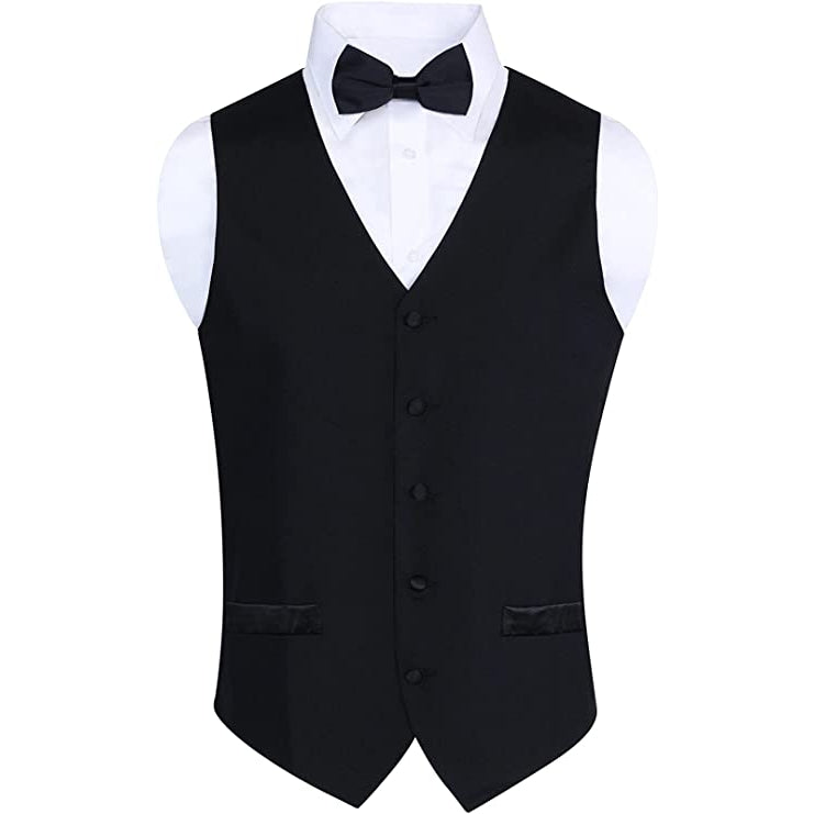 Men's 100% Wool Formal Vest and Tie Set - Includes Black Vest and Matching Black Satin Bow Tie