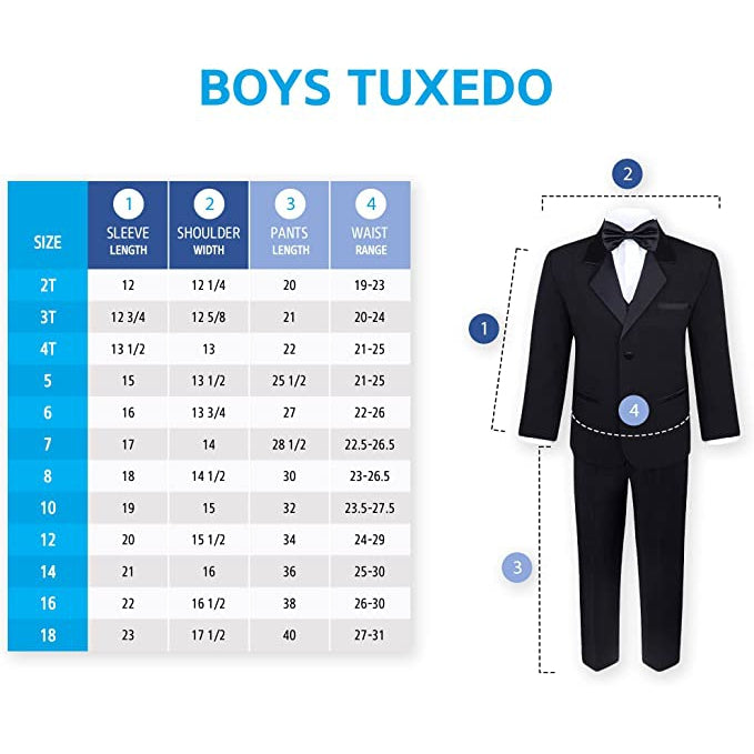 Boys 5 Piece Tuxedo Set - Includes Formal Jacket, Pants, Shirt, Vest & Bow Tie - Black