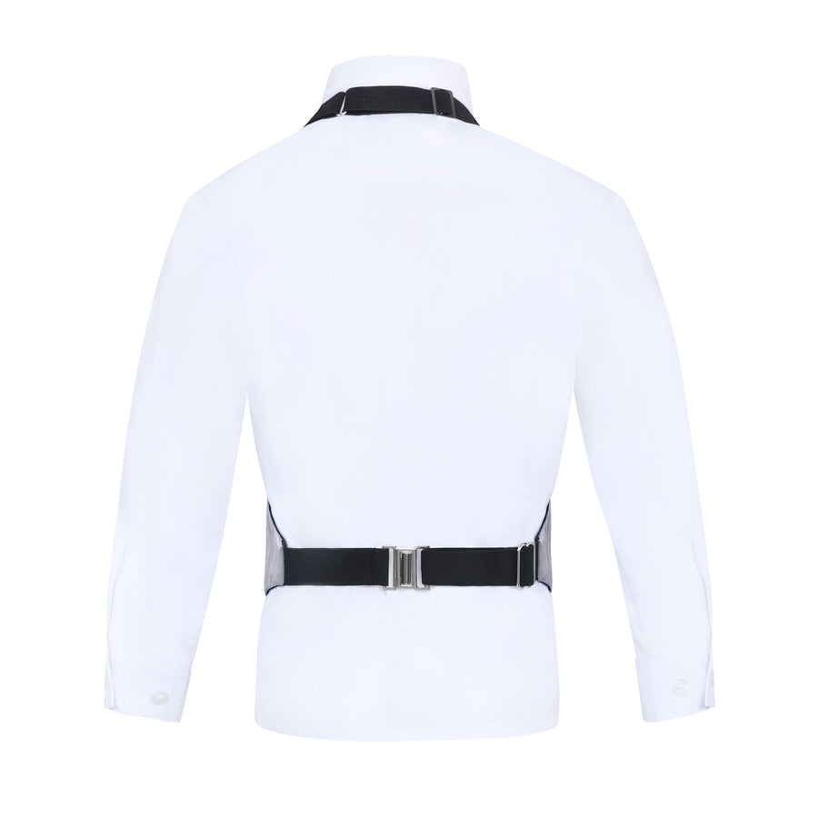 Boys 3 Piece Backless Formal Vest Set - Includes Vest, Bow Tie, Pocket Square for Tuxedo or Suit - Silver