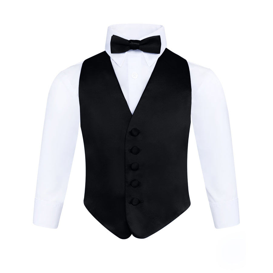 Boys 3 Piece Backless Formal Vest Set - Includes Vest, Bow Tie, Pocket Square for Tuxedo or Suit - Black