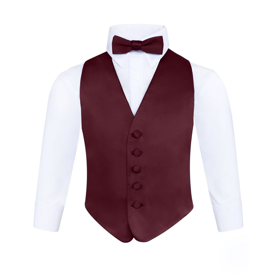 Boys 3 Piece Backless Formal Vest Set - Includes Vest, Bow Tie, Pocket Square for Tuxedo or Suit - Burgundy