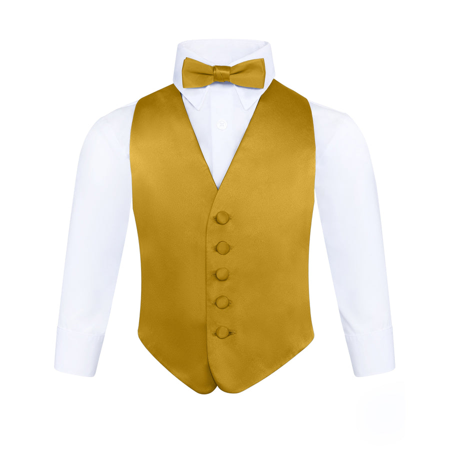 Boys 3 Piece Backless Formal Vest Set - Includes Vest, Bow Tie, Pocket Square for Tuxedo or Suit - Gold