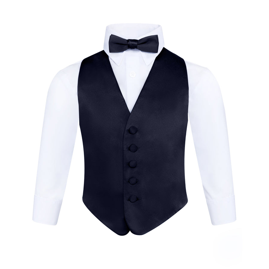 Boys 3 Piece Backless Formal Vest Set - Includes Vest, Bow Tie, Pocket Square for Tuxedo or Suit - Navy