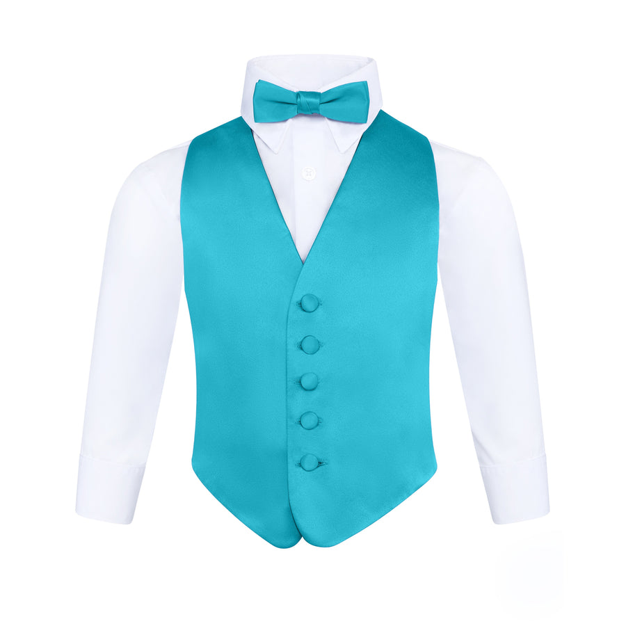Boys 3 Piece Backless Formal Vest Set - Includes Vest, Bow Tie, Pocket Square for Tuxedo or Suit - Teal