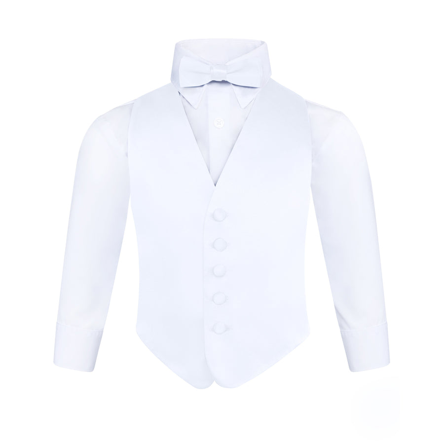 Boys 3 Piece Backless Formal Vest Set - Includes Vest, Bow Tie, Pocket Square for Tuxedo or Suit - White