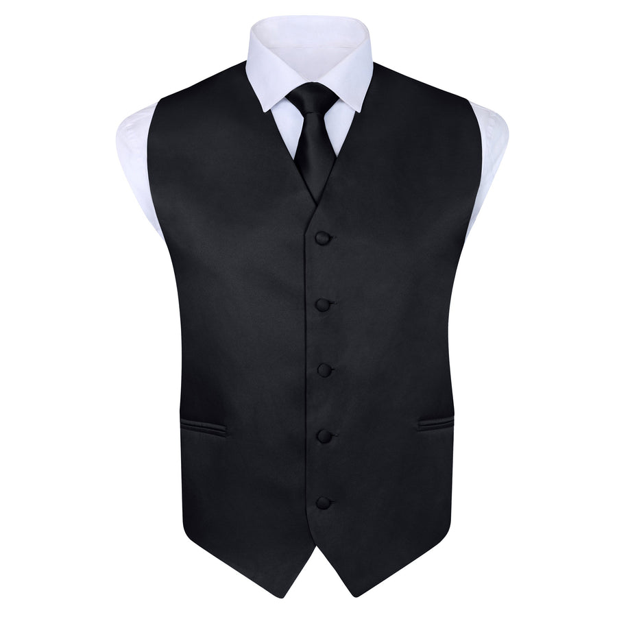 Men's Black 4 Piece Vest Set, with Bow Tie, Neck Tie & Pocket Hankie