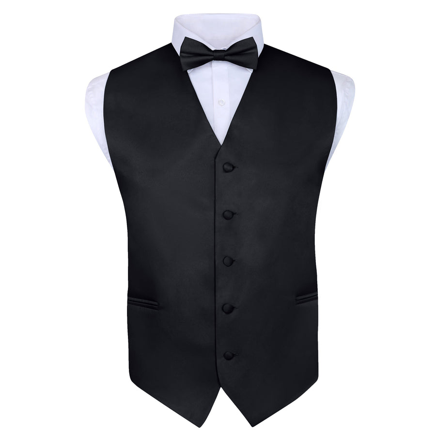 Men's Black 4 Piece Vest Set, with Bow Tie, Neck Tie & Pocket Hankie