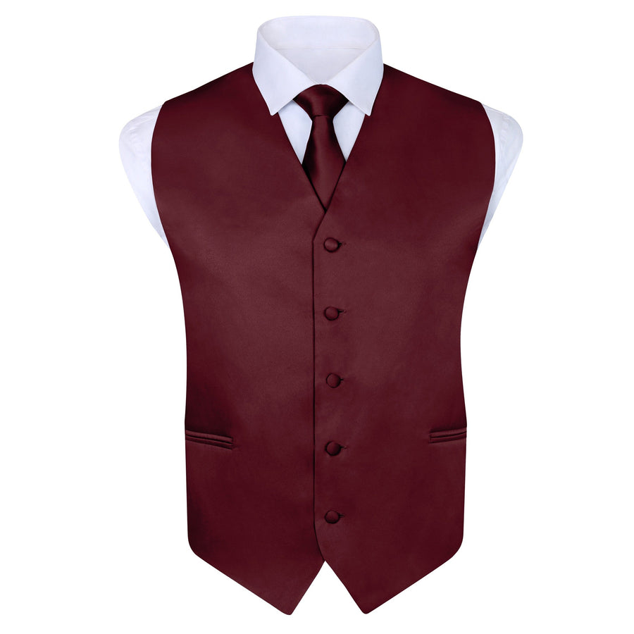 Men's Burgundy 4 Piece Vest Set, with Bow Tie, Neck Tie & Pocket Hankie