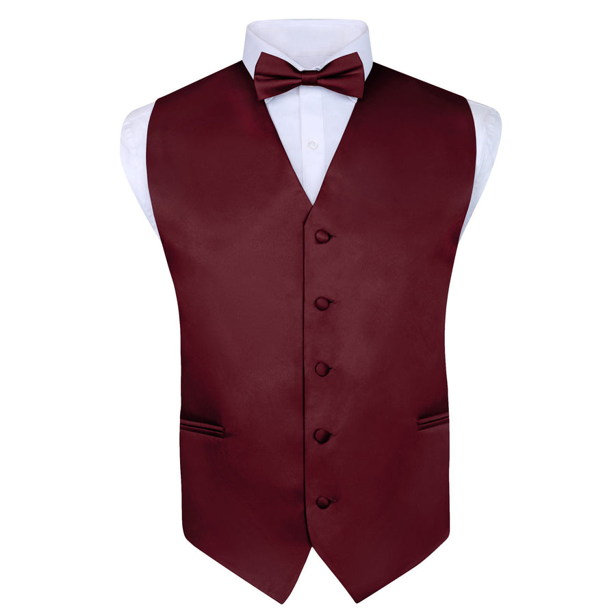 Men's Burgundy 4 Piece Vest Set, with Bow Tie, Neck Tie & Pocket Hankie