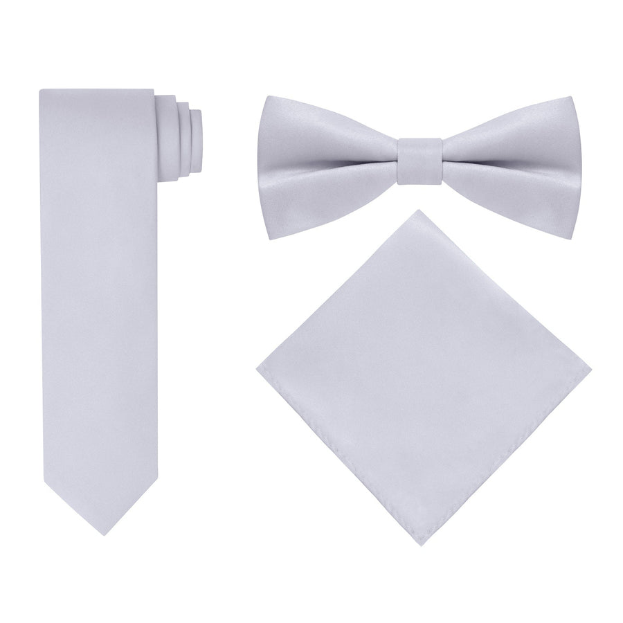 Men's Silver 4 Piece Vest Set, with Bow Tie, Neck Tie & Pocket Hankie