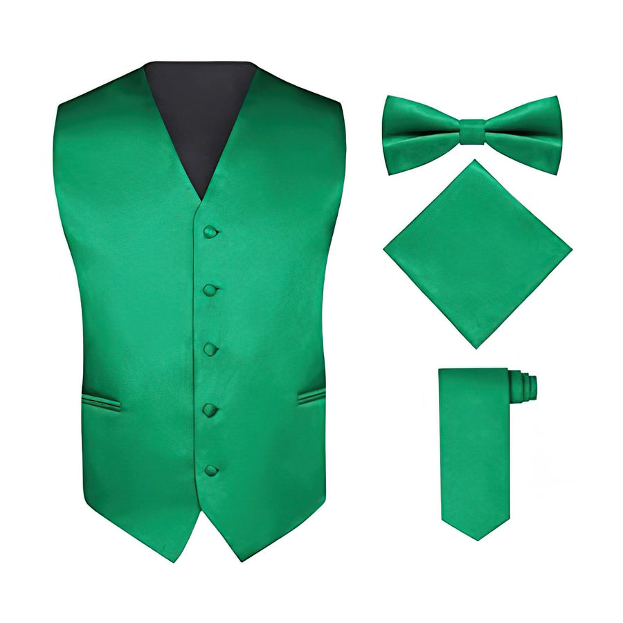 Men's Kelly Green 4 Piece Vest Set, with Bow Tie, Neck Tie & Pocket Hankie