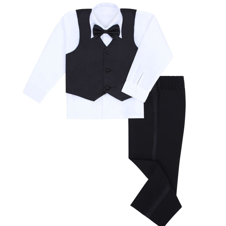 Boys 5 Piece Tuxedo Set - Includes Formal Jacket, Pants, Shirt, Vest & Bow Tie - Black