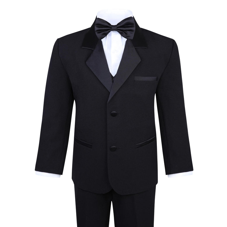 Boys 5 Piece Tuxedo Set - Includes Formal Jacket, Pants, Shirt, Vest & Bow Tie - Black