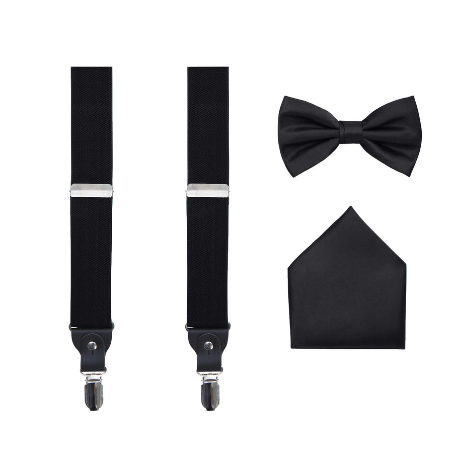 Men's 3 Piece Suspender Set - Includes Suspenders, Matching Bow Tie, Pocket Hanky and Gift Box - Black