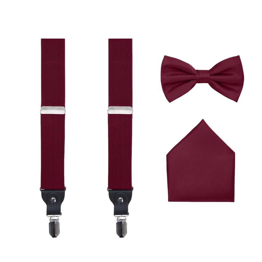 Men's 3 Piece Suspender Set - Includes Suspenders, Matching Bow Tie, Pocket Hanky and Gift Box - Burgundy