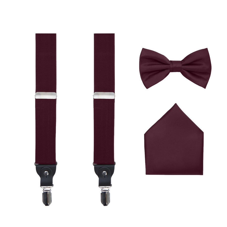 Men's 3 Piece Suspender Set - Includes Suspenders, Matching Bow Tie, Pocket Hanky and Gift Box - Merlot