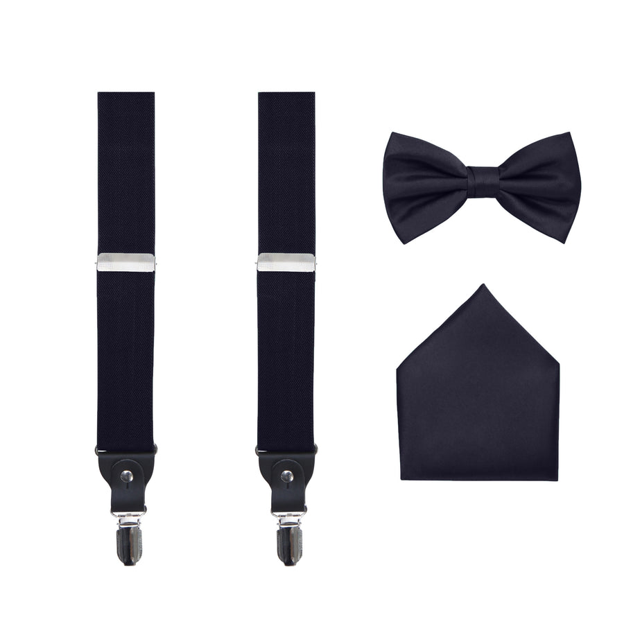 Men's 3 Piece Suspender Set - Includes Suspenders, Matching Bow Tie, Pocket Hanky and Gift Box - Navy