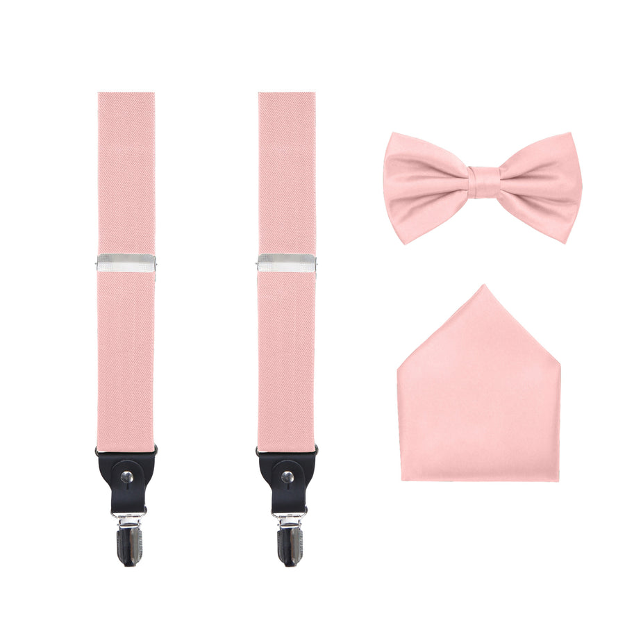 Men's 3 Piece Suspender Set - Includes Suspenders, Matching Bow Tie, Pocket Hanky and Gift Box - Peach