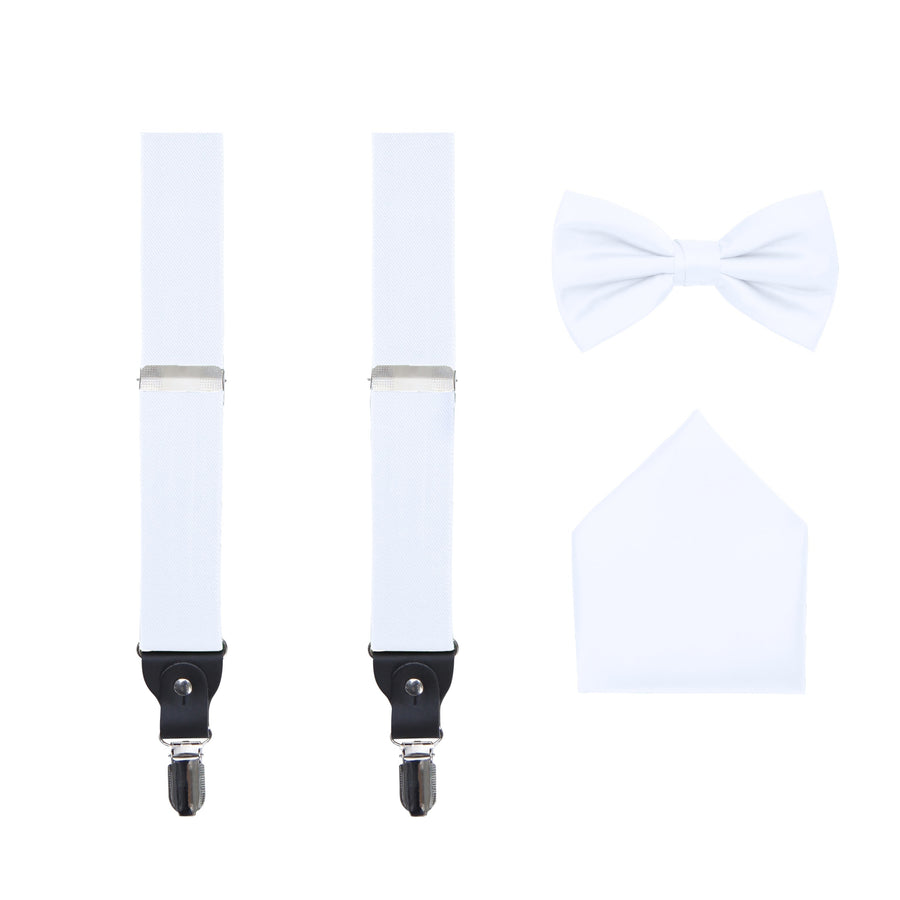 Men's 3 Piece Suspender Set - Includes Suspenders, Matching Bow Tie, Pocket Hanky and Gift Box - White