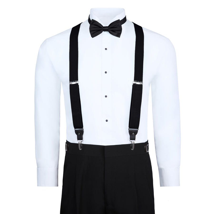 Men's 3 Piece Suspender Set - Includes Suspenders, Matching Bow Tie, Pocket Hanky and Gift Box - Black
