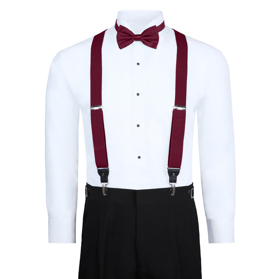 Men's 3 Piece Suspender Set - Includes Suspenders, Matching Bow Tie, Pocket Hanky and Gift Box - Burgundy