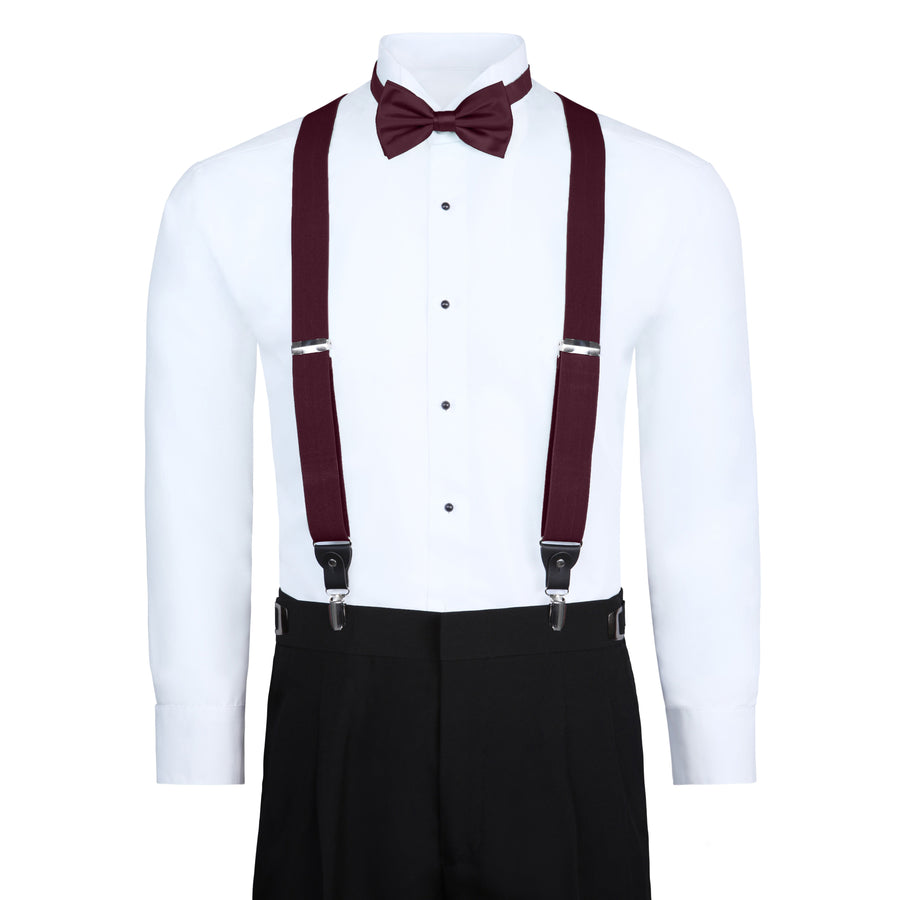 Men's 3 Piece Suspender Set - Includes Suspenders, Matching Bow Tie, Pocket Hanky and Gift Box - Merlot