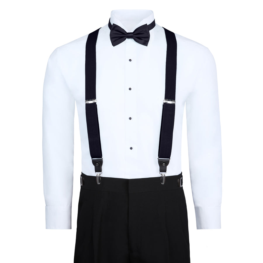Men's 3 Piece Suspender Set - Includes Suspenders, Matching Bow Tie, Pocket Hanky and Gift Box - Navy