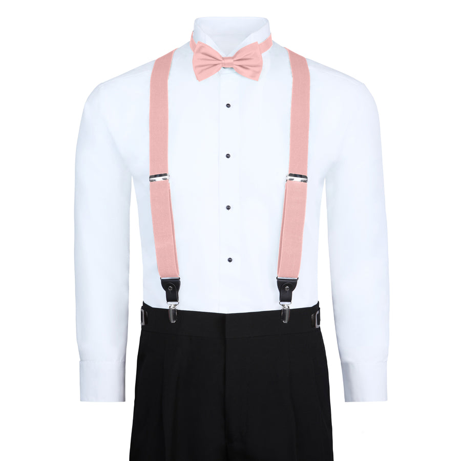 Men's 3 Piece Suspender Set - Includes Suspenders, Matching Bow Tie, Pocket Hanky and Gift Box - Peach