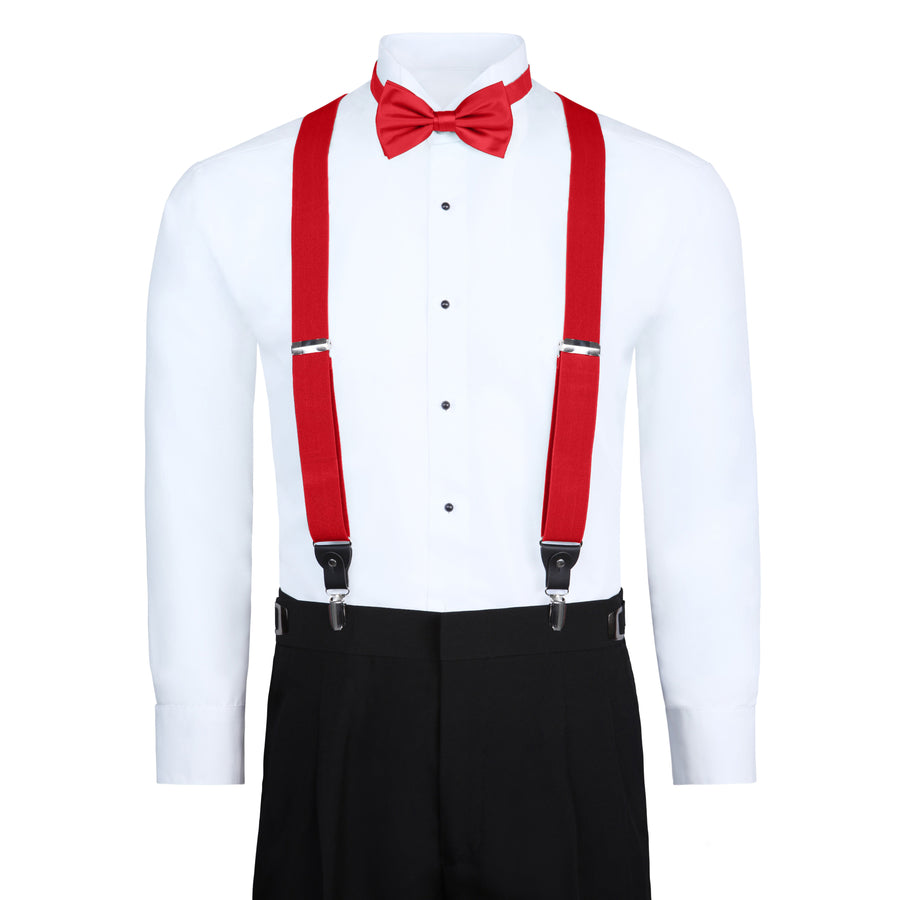 Men's 3 Piece Suspender Set - Includes Suspenders, Matching Bow Tie, Pocket Hanky and Gift Box - Red