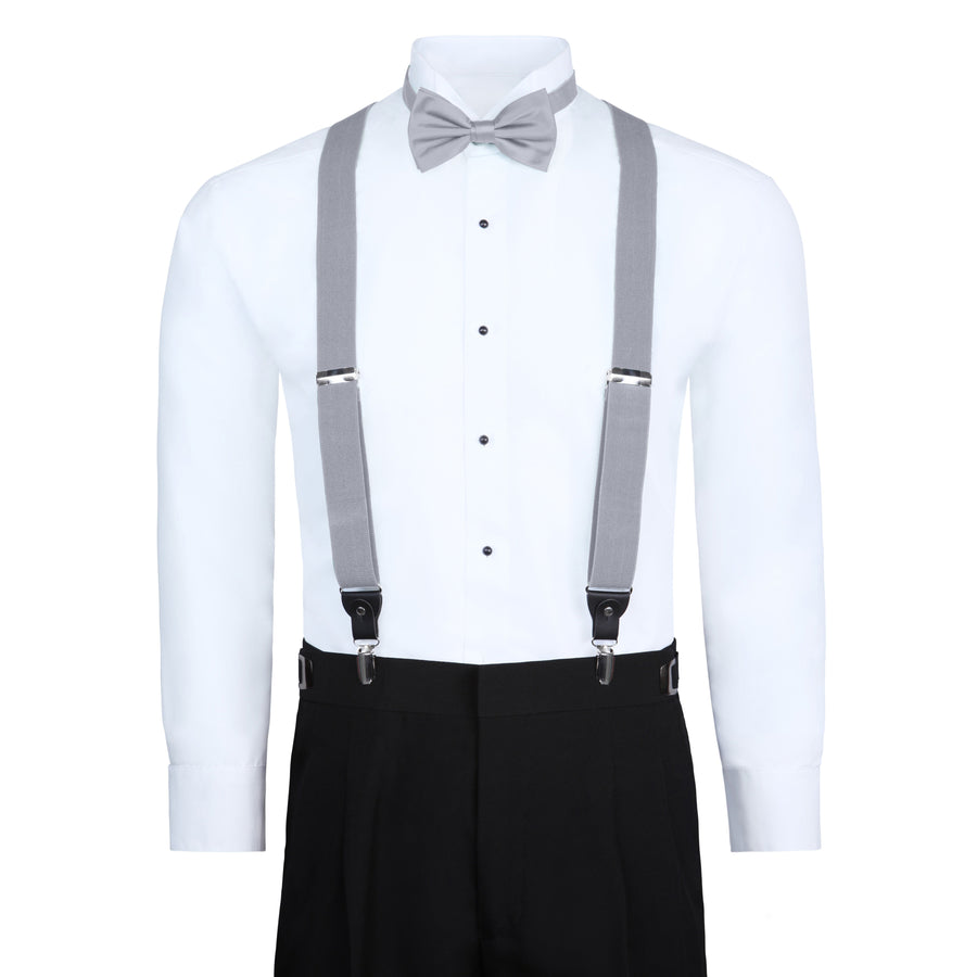 Men's 3 Piece Suspender Set - Includes Suspenders, Matching Bow Tie, Pocket Hanky and Gift Box - Silver