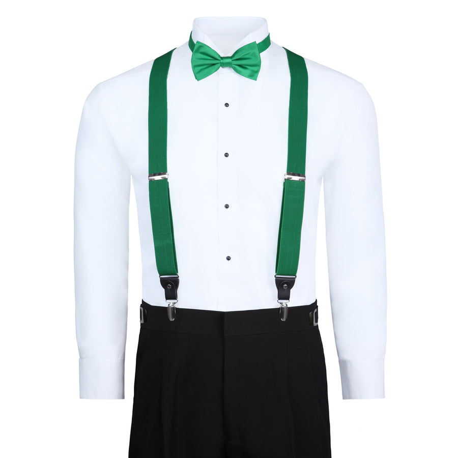 Men's 3 Piece Suspender Set - Includes Suspenders, Matching Bow Tie, Pocket Hanky and Gift Box - Kelly Green