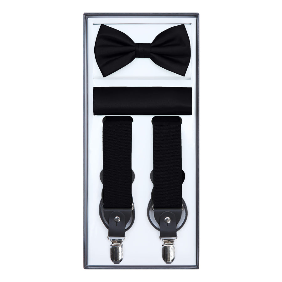Men's 3 Piece Suspender Set - Includes Suspenders, Matching Bow Tie, Pocket Hanky and Gift Box - Black
