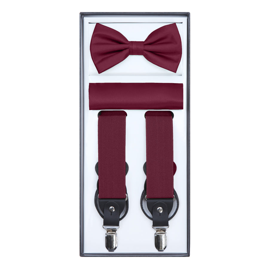 Men's 3 Piece Suspender Set - Includes Suspenders, Matching Bow Tie, Pocket Hanky and Gift Box - Burgundy