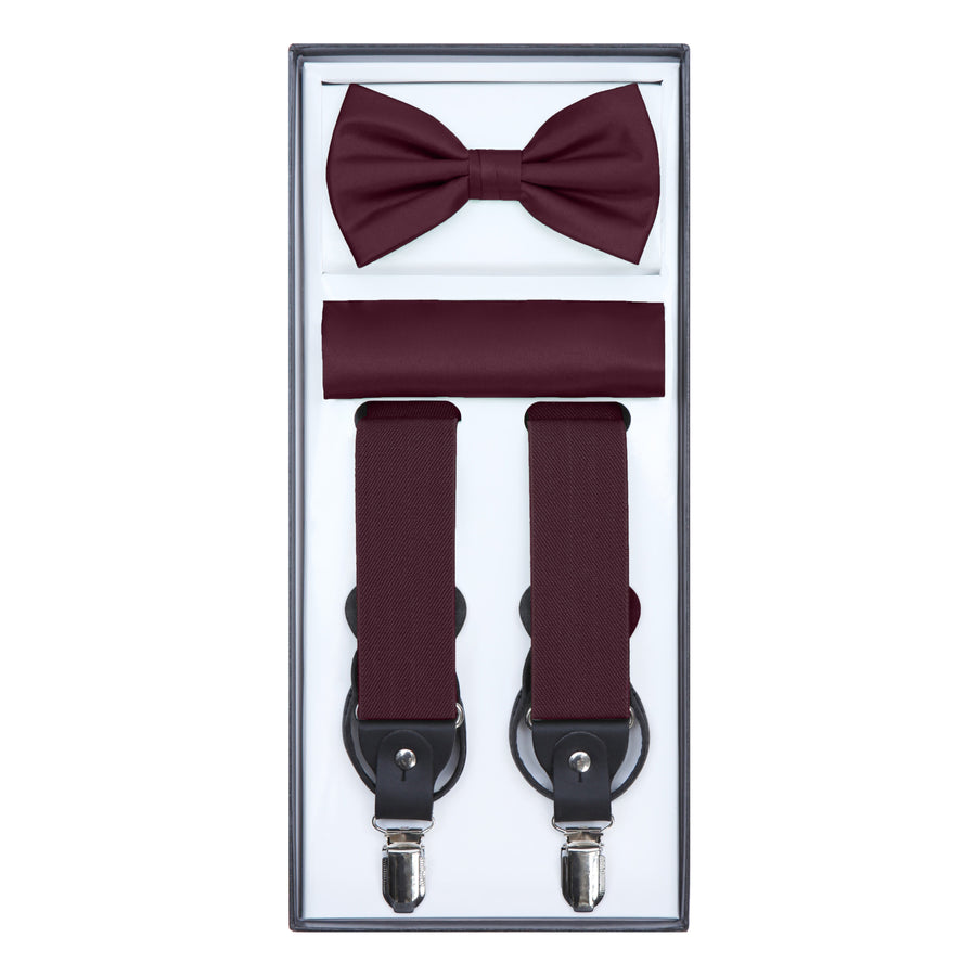 Men's 3 Piece Suspender Set - Includes Suspenders, Matching Bow Tie, Pocket Hanky and Gift Box - Merlot